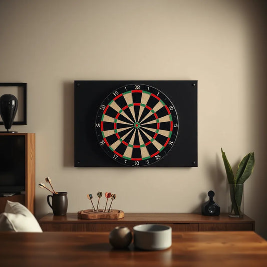 Dartboard mounted on a wall with a protective backboard behind it in a tidy game room