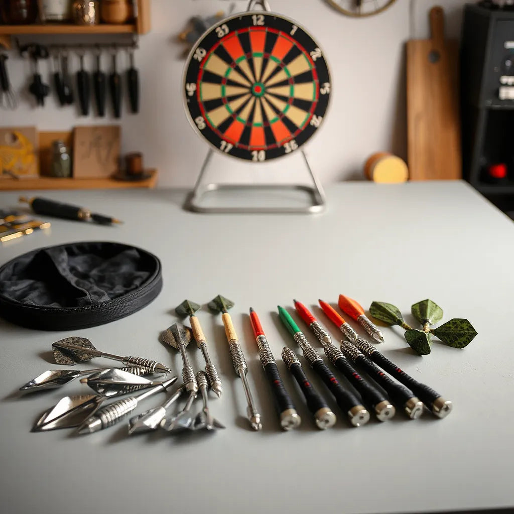 Assorted premium dart points, shafts, and flights arranged with a dart case on a workbench