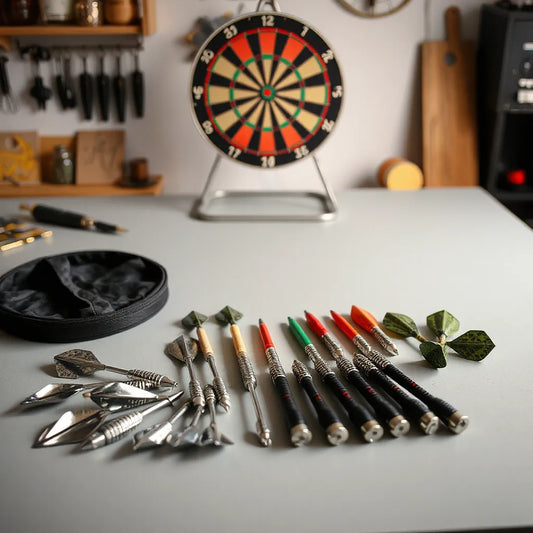 Assorted premium dart points, shafts, and flights arranged with a dart case on a workbench