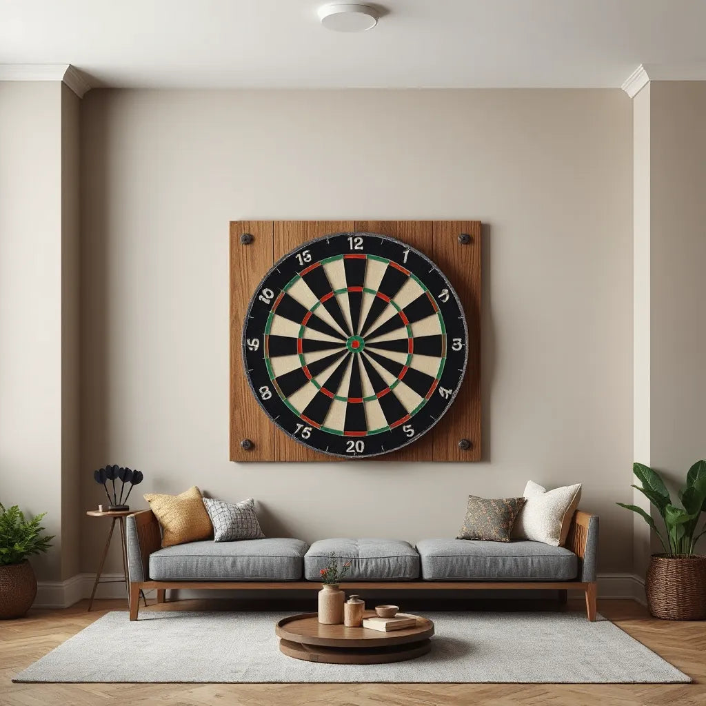 Mounted dartboard with a framed protective back drop against a clean wall