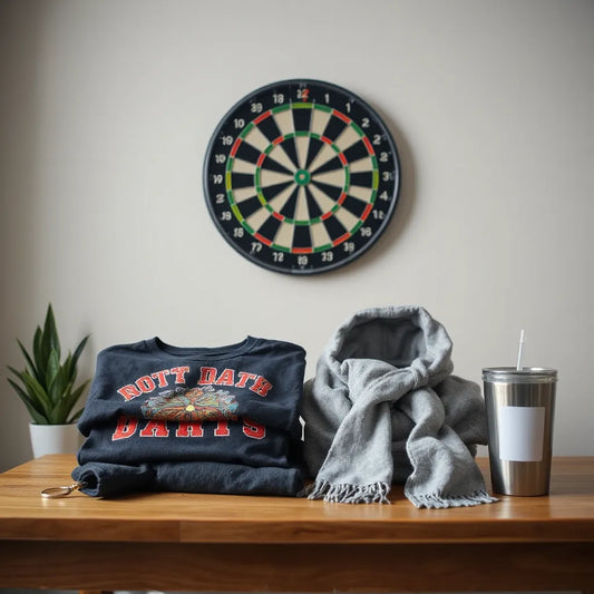 Assorted darts fan merchandise laid out near a dartboard and game setup