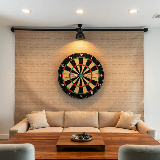 Dartboard mounted on a wall with a custom-patterned personalized backdrop for a game room