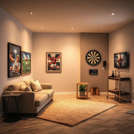 Well-designed game room with dartboard, cozy seating, and warm wall lighting