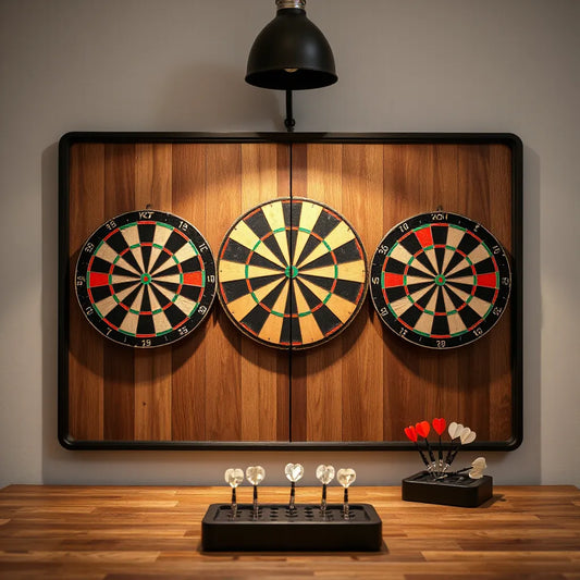 Wall-mounted double sided dartboard backboard with two dartboards and a clean game room backdrop