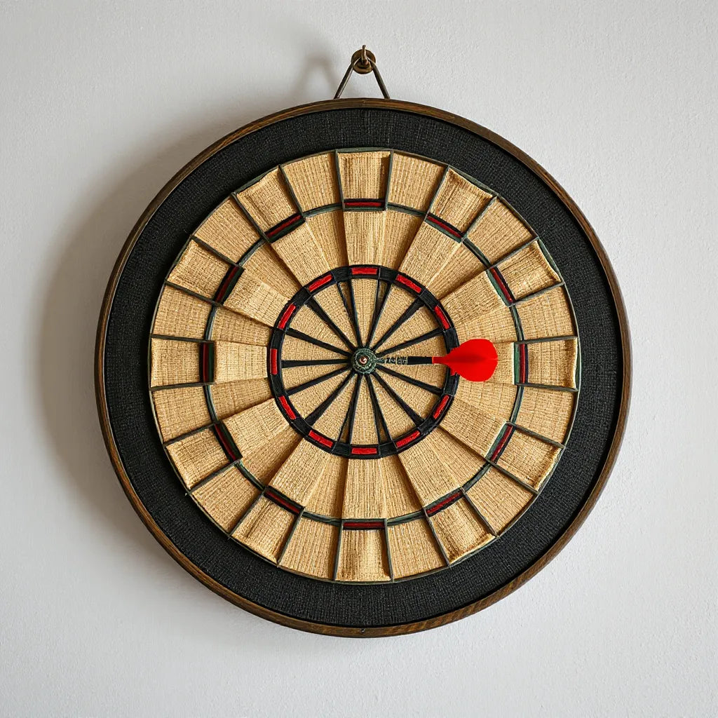 Durable sisal dartboard with darts resting on a neutral background