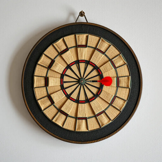 Durable sisal dartboard with darts resting on a neutral background