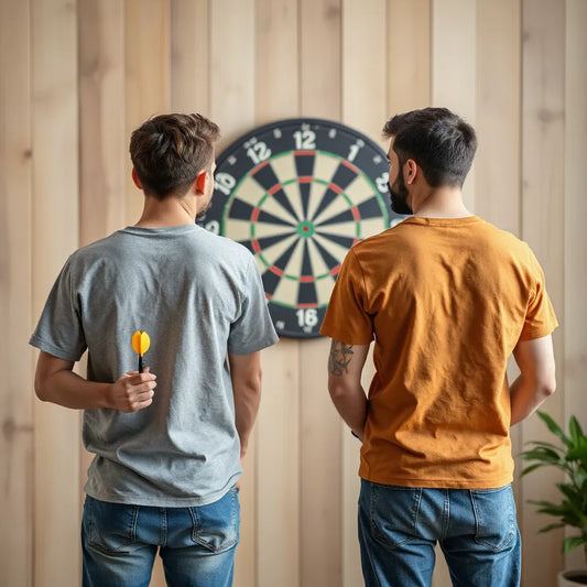 Casual darts players in t-shirts standing near a dartboard with darts in hand