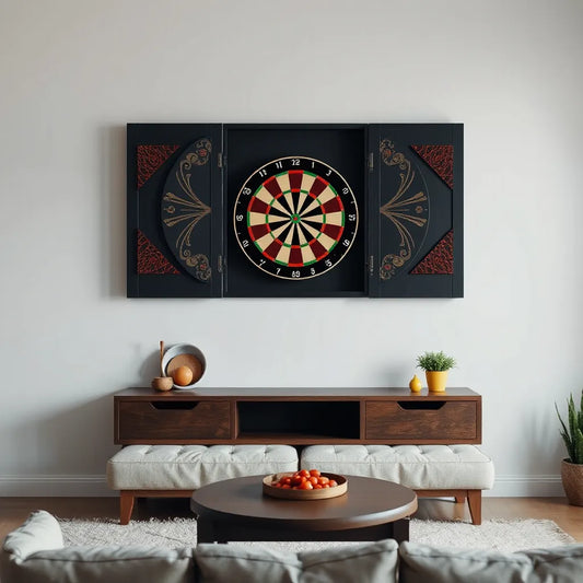 Wall-mounted dartboard with custom artwork in a modern, softly lit game room