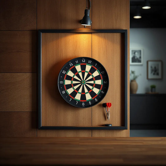 Dartboard mounted on a stylish wall with a textured, modern backdrop and soft ambient lighting