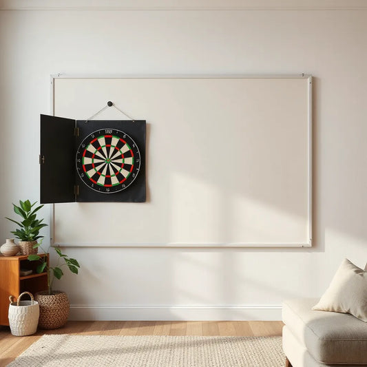 Mounted dartboard with a clean protective backdrop panel in a tidy game room