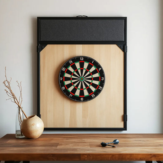 Wall-mounted dartboard with a custom protective backboard for safer, cleaner play