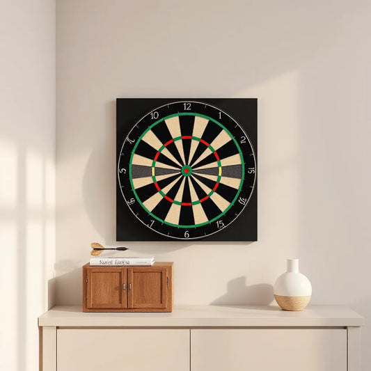 Wall-mounted dartboard with artistic design in a modern game room corner