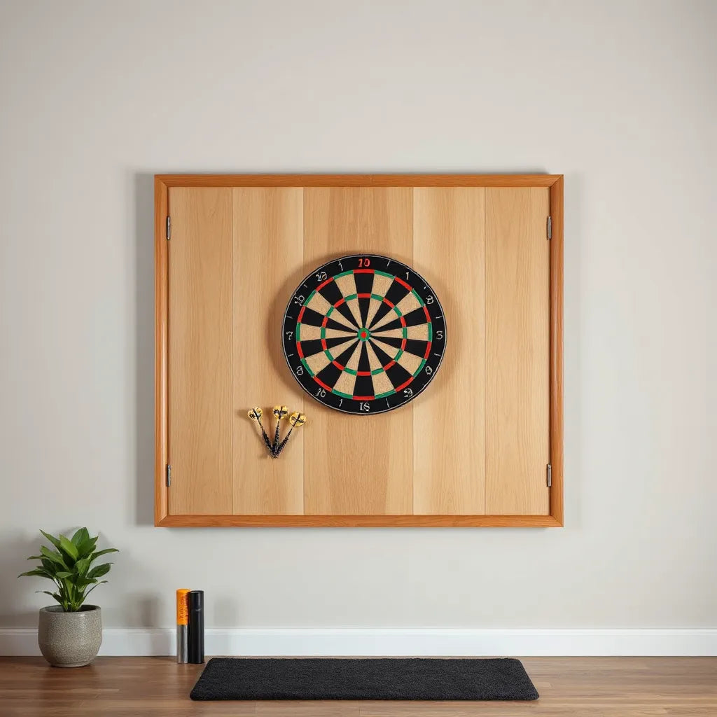 Wall-mounted dartboard with a custom backboard surround for added protection and a clean setup
