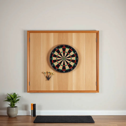 Wall-mounted dartboard with a custom backboard surround for added protection and a clean setup