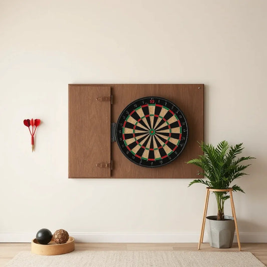 Mounted dartboard with a protective backboard behind it in a tidy game room