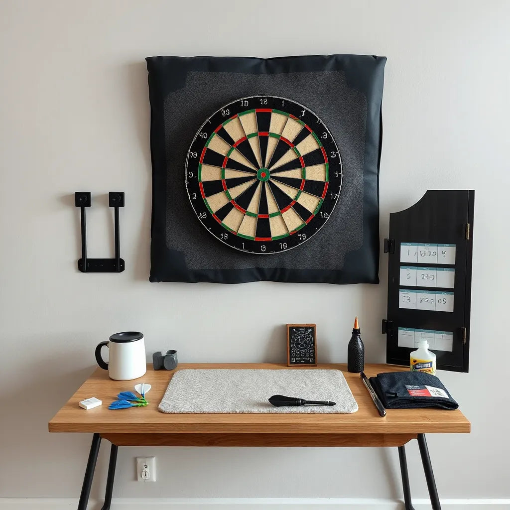 Dartboard with key accessories like a protective backboard, mounting parts, darts, and a score tracker
