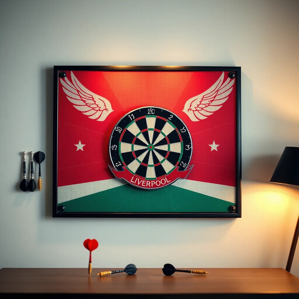 Dartboard mounted with a Liverpool-style YNWA backboard for safer play in a home game room