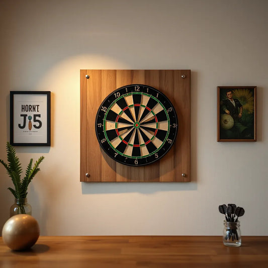 Wall-mounted dartboard with a modern, sleek design in a warm, minimal game room setting