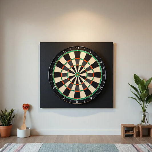Mounted dartboard with a protective, durable backdrop panel behind it for safer play