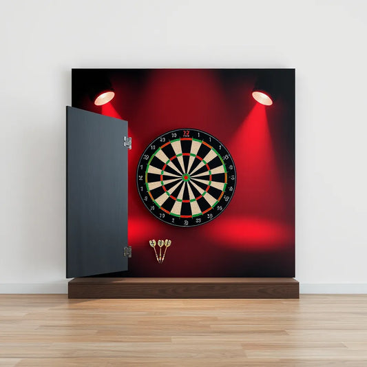 Dartboard on a wall with an arena-style Premier League backdrop and soft spotlight lighting