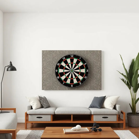 Wall-mounted dartboard with a decorative protective backboard in a clean game room