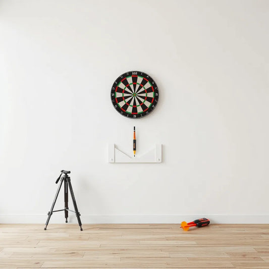 Dartboard mounted securely on a wall with a bracket and level tools for alignment