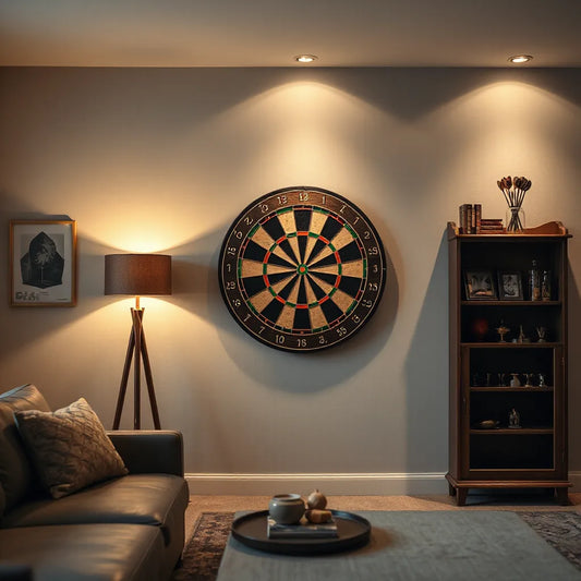 Custom dartboard with decorative wood and inlaid patterns in a warmly lit game room