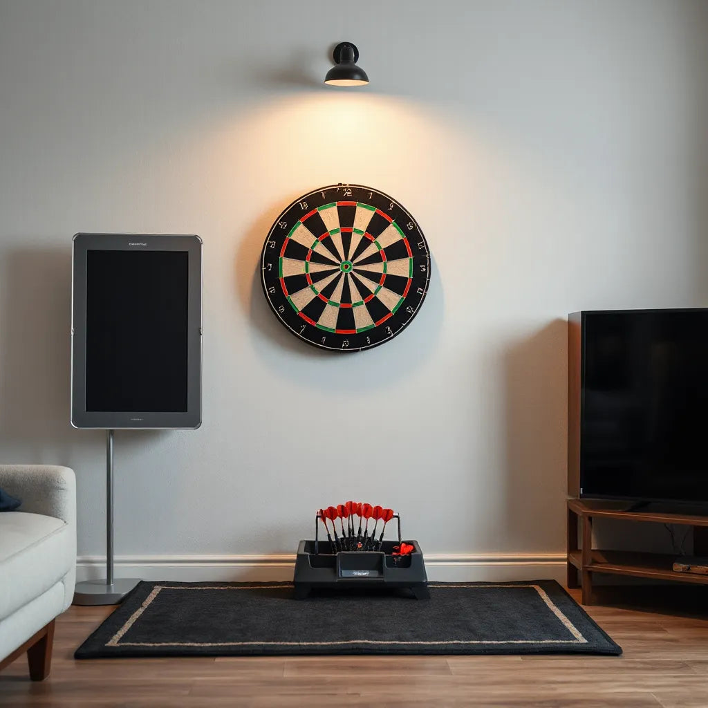 Mounted dartboard with protective backer, floor mat, darts, and tidy accessories for a polished setup