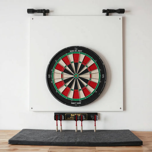 Regulation dartboard mounted with a protective backboard and darts embedded behind it