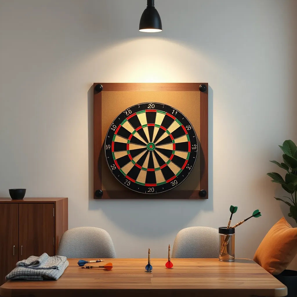 Mounted dartboard with a protective backboard panel behind it in a home game room