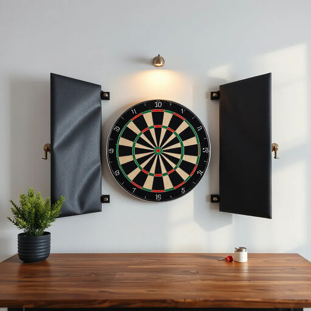Dartboard centered on a wall with a durable high-quality protective surround around it