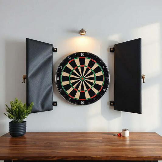 Dartboard centered on a wall with a durable high-quality protective surround around it
