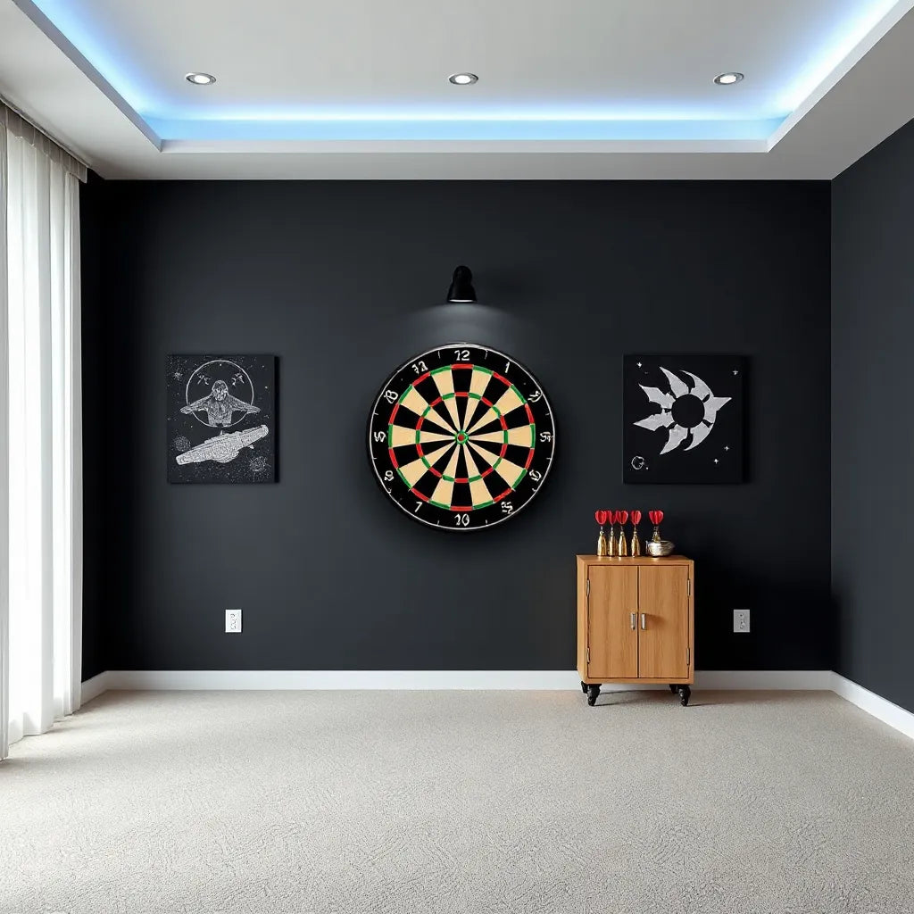 Wall-mounted dartboard with subtle space-themed decor and sci-fi lighting in a modern game room