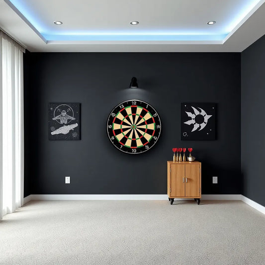 Wall-mounted dartboard with subtle space-themed decor and sci-fi lighting in a modern game room