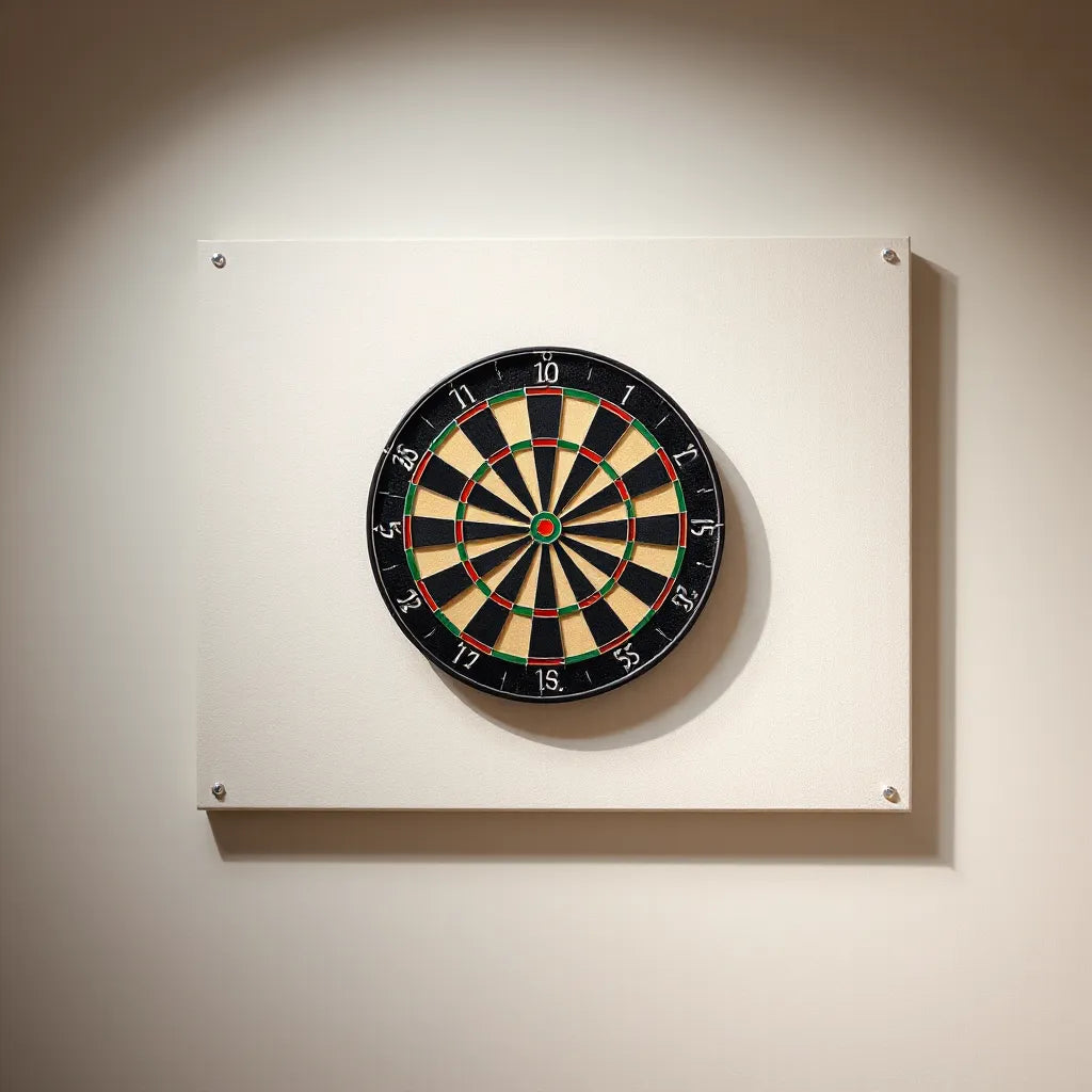 Dartboard mounted with a protective backboard on a plain wall for proper fit