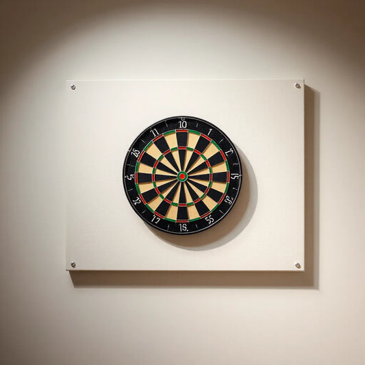 Dartboard mounted with a protective backboard on a plain wall for proper fit