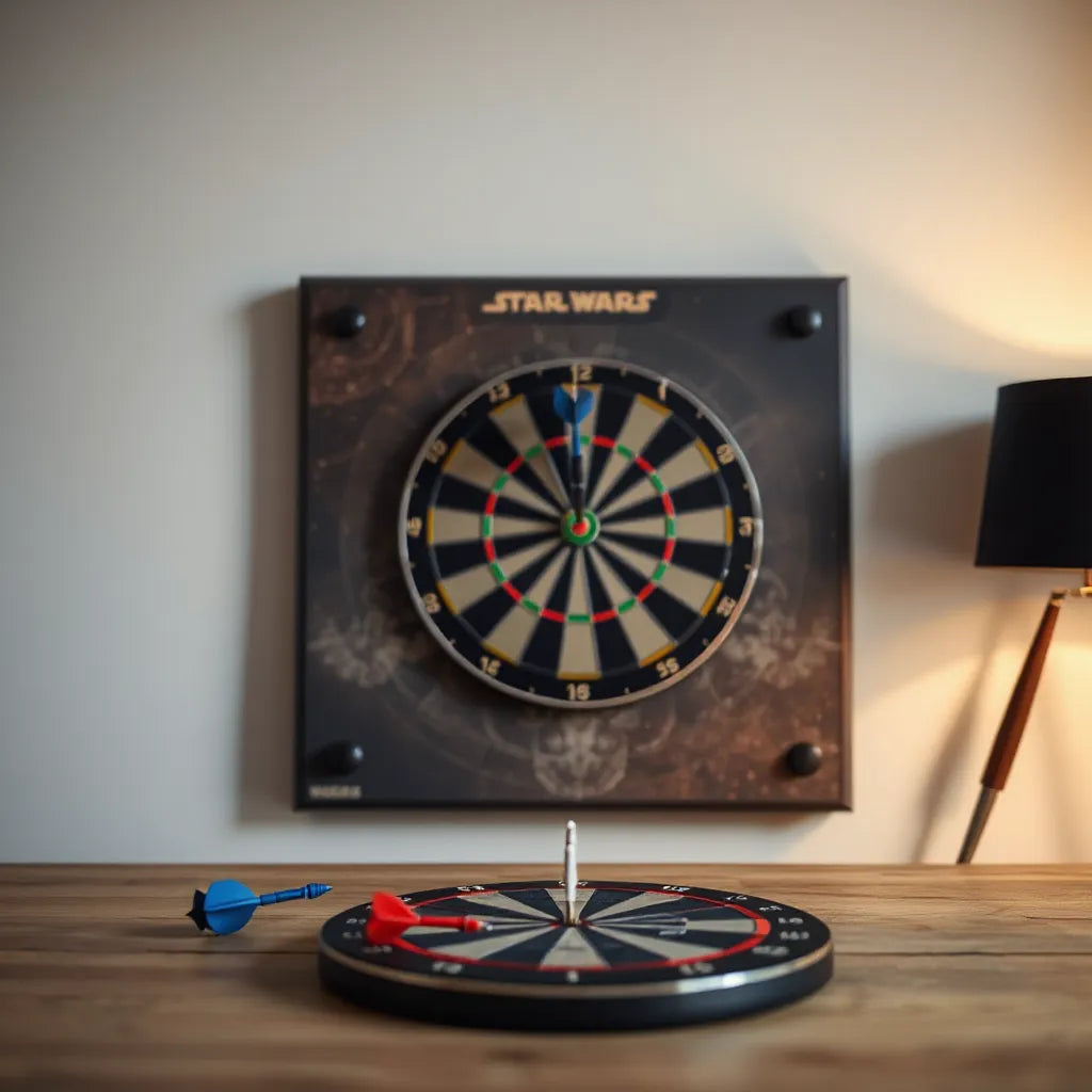 Star Wars themed dartboard with a decorative backboard mounted on a wall in a game room