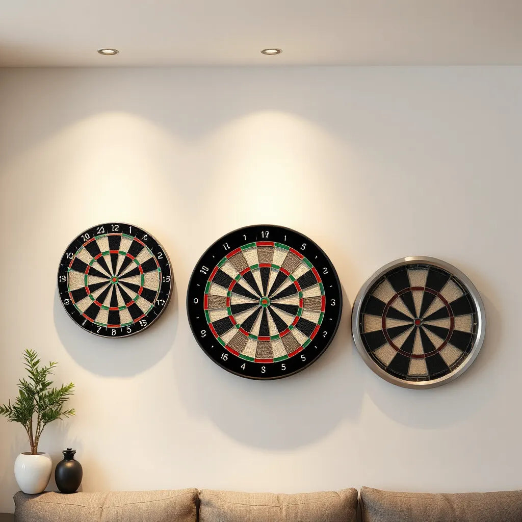Stylish dartboards mounted on a modern wall with sleek frames and warm ambient lighting
