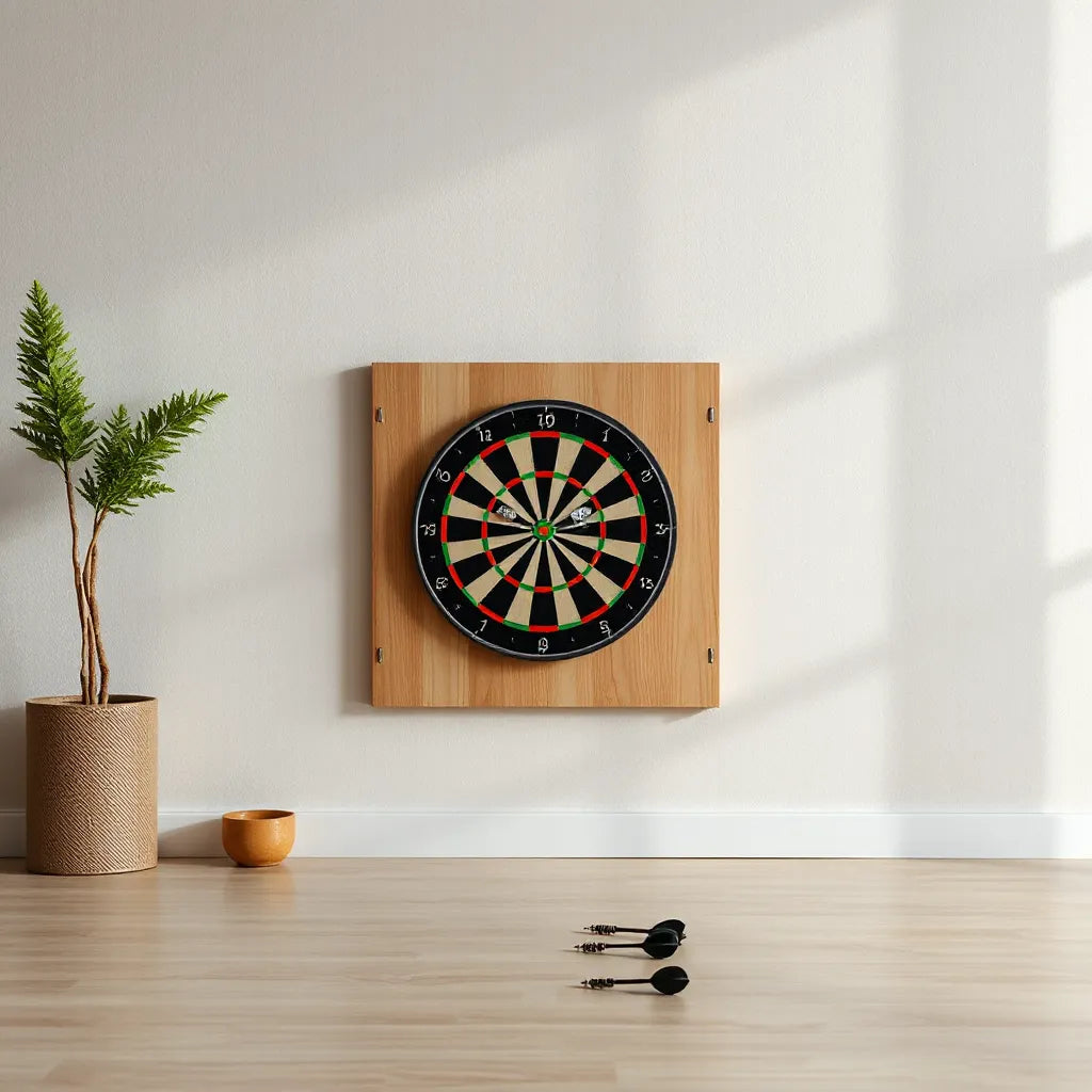 Mounted dartboard with a protective backboard panel and darts nearby in a clean indoor setting