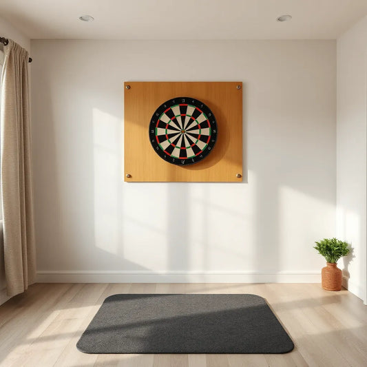 Dartboard protected by a wall backing and floor mat in a clean game room