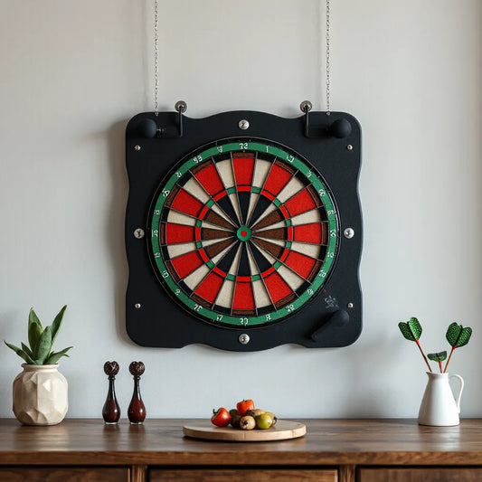 Dartboard mounted on a wall with a protective backboard and mounting hardware