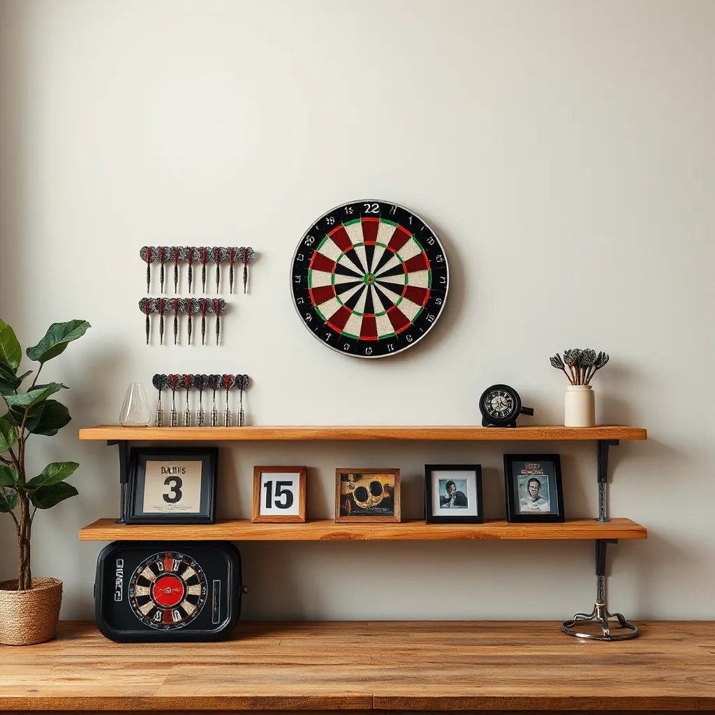 Dartboard wall display with neatly arranged collectible darts and memorabilia