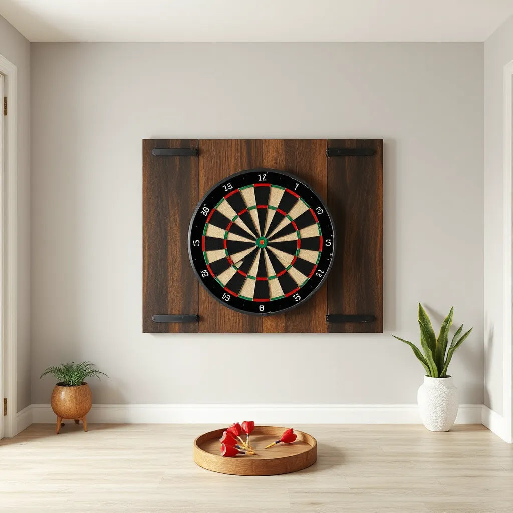 Mounted dartboard with a protective backboard and wall brackets in a clean indoor game setup