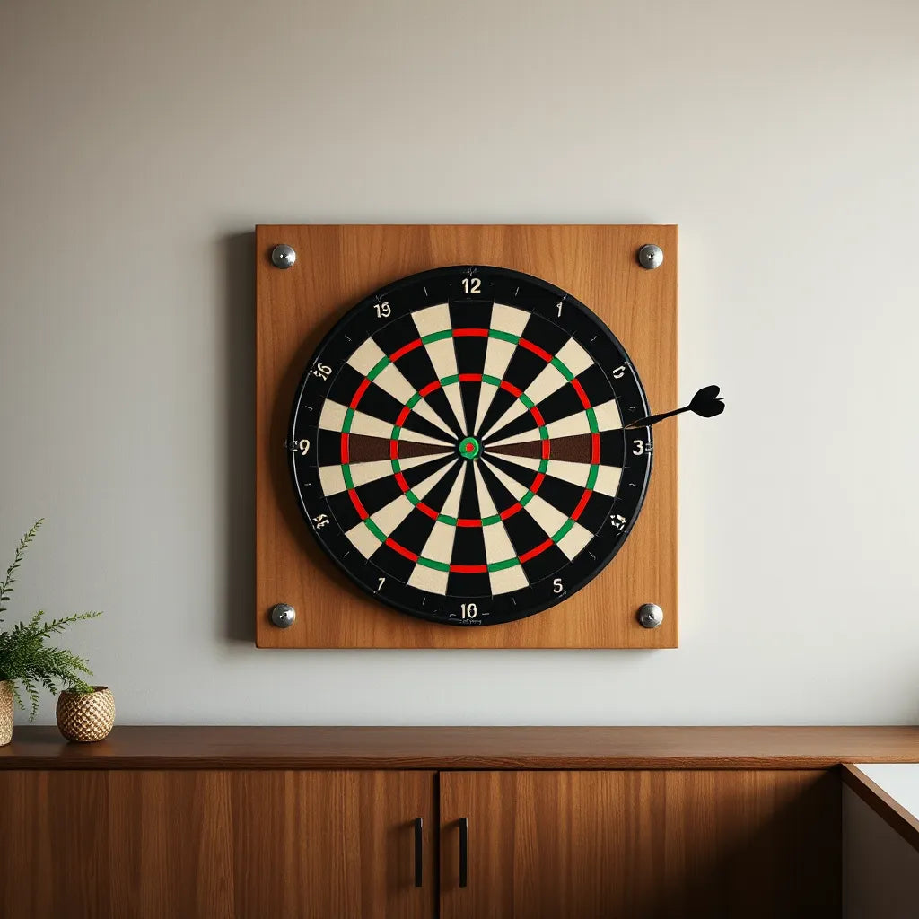 Premium dartboard mounted on a wall with a protective backboard behind it in a clean game room setting