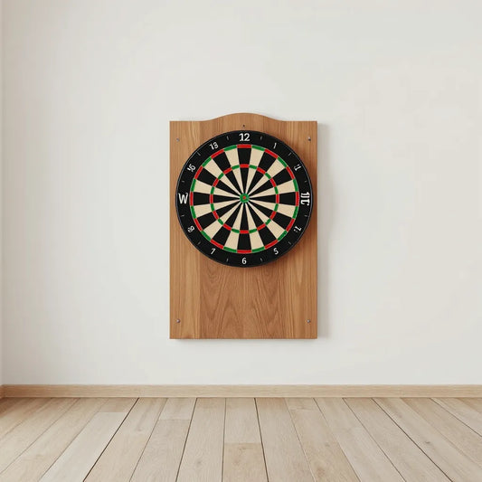 Mounted dartboard centered on a wooden backboard with clean wall mounting hardware