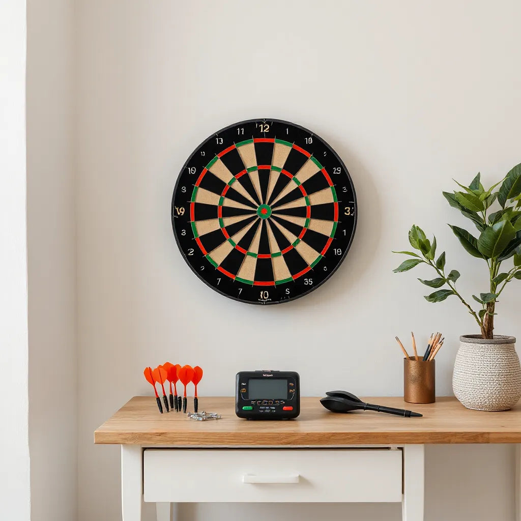 Mounted dartboard with neatly arranged surround frame and dart accessories for a home game setup
