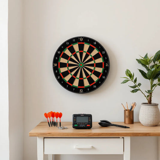 Mounted dartboard with neatly arranged surround frame and dart accessories for a home game setup