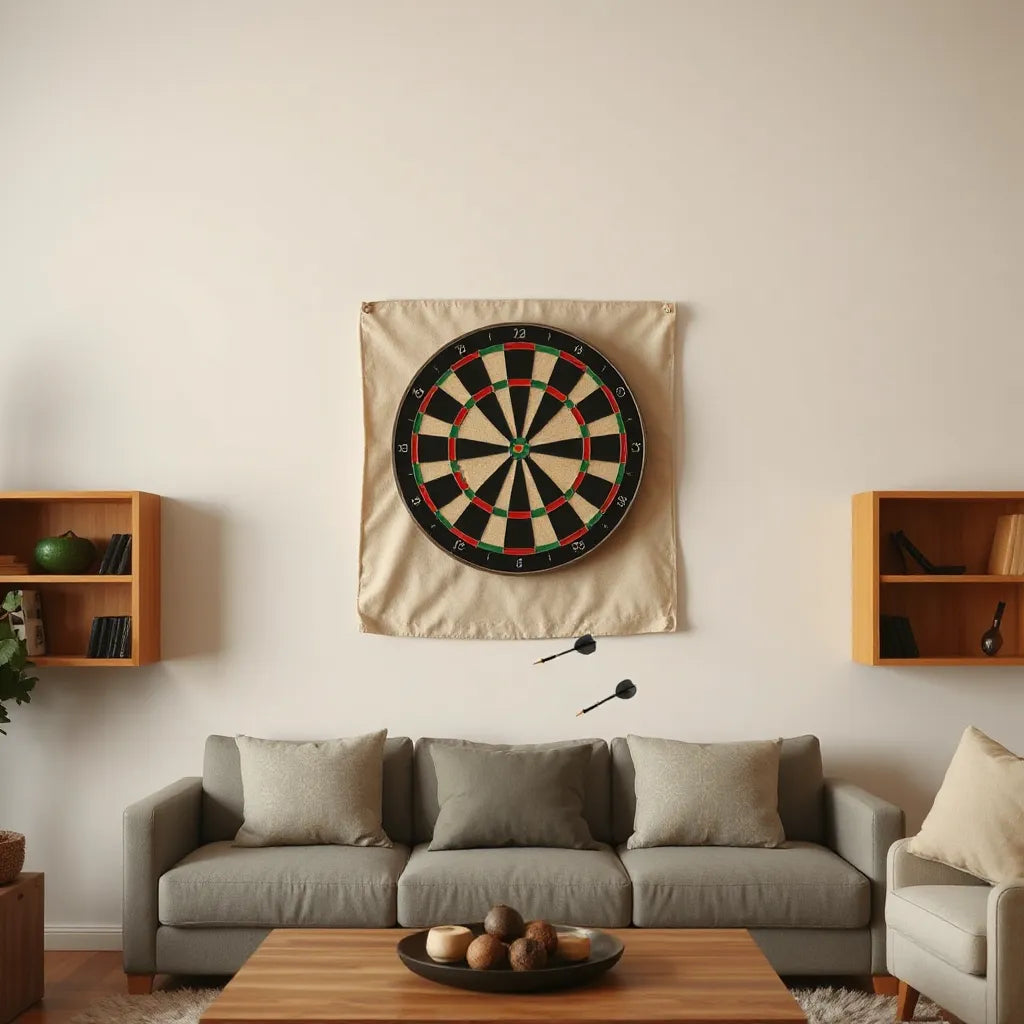 Wall-mounted dartboard with a protective backboard behind it in a clean home game room