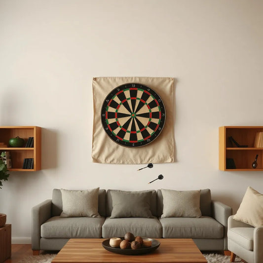 Wall-mounted dartboard with a protective backboard behind it in a clean home game room