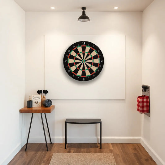 A neatly mounted dartboard in a game room with clear throw space and organized accessories